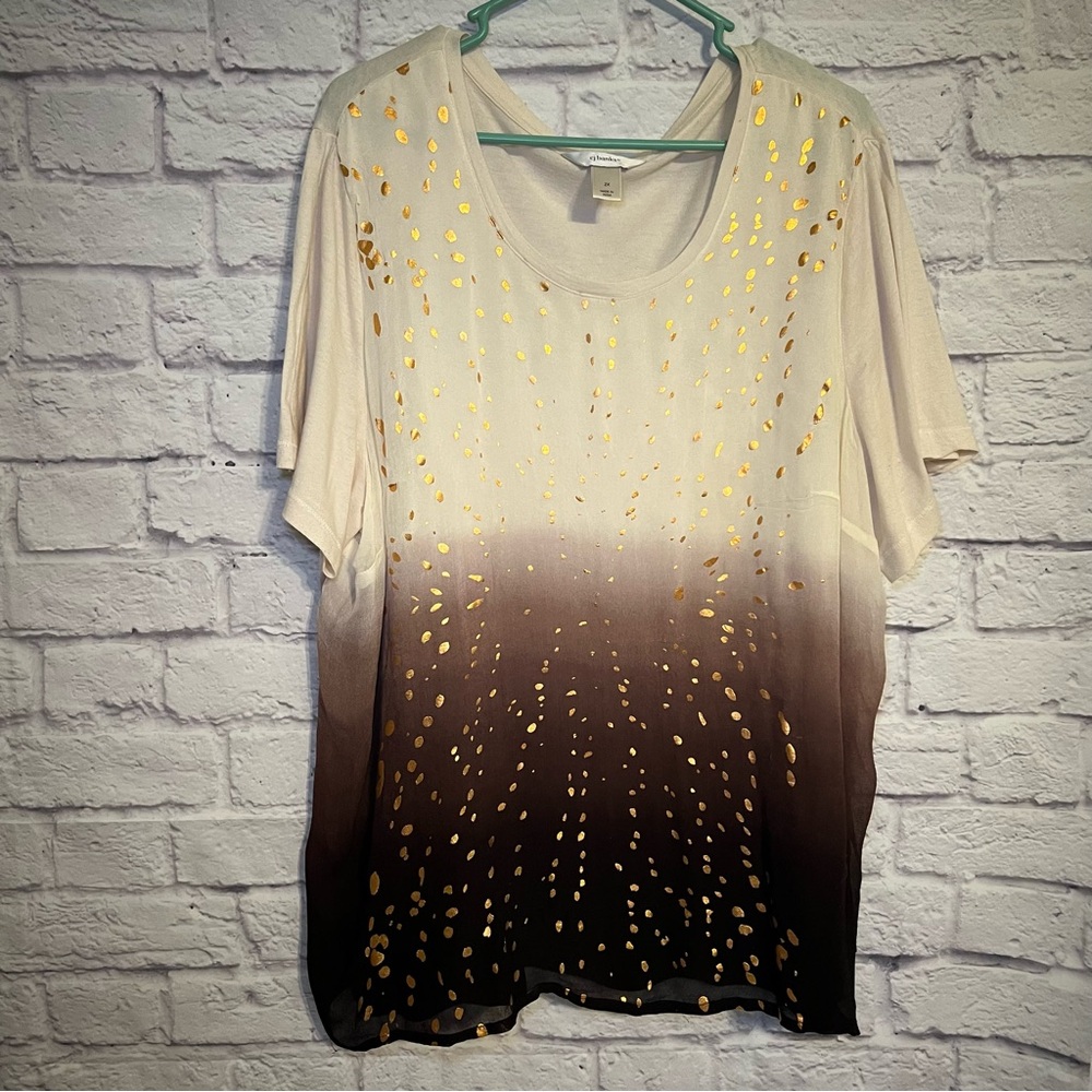 CJ Banks ombré 2X cream and brown v neck short sleeve blouse Viscose overlay